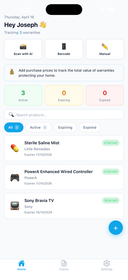 Dashboard showing tracked warranties
